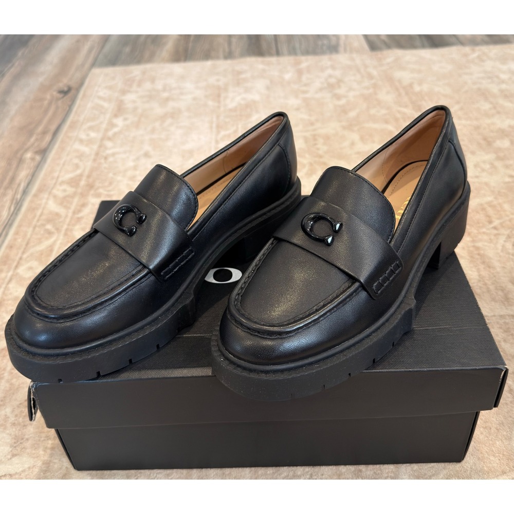 Coach Leah Leather Platform Lug Sole Loafers Black Size 7.5B